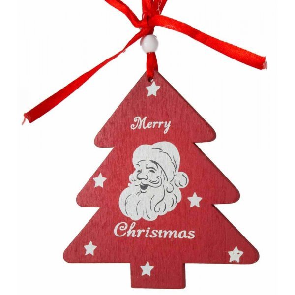 Χριστουγεννιάτικο Κρεμαστό Ξύλινο Δεντράκι, Κόκκινο με Άγιο Βασίλη και Merry Christmas (14cm)
